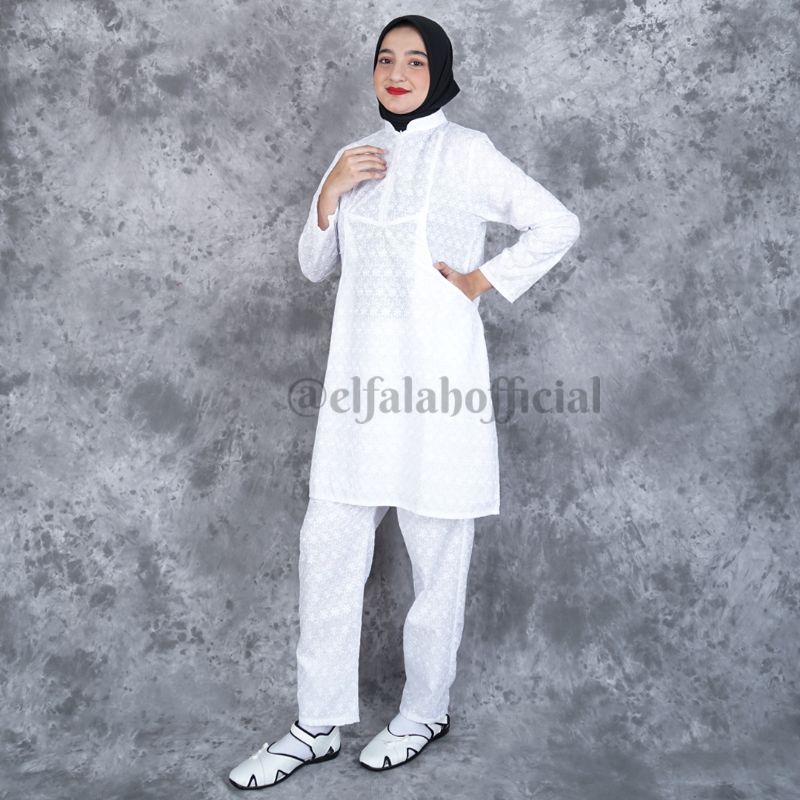 Baju Umroh Wanita Setelan Tunik Bahan Katun Putih Premium