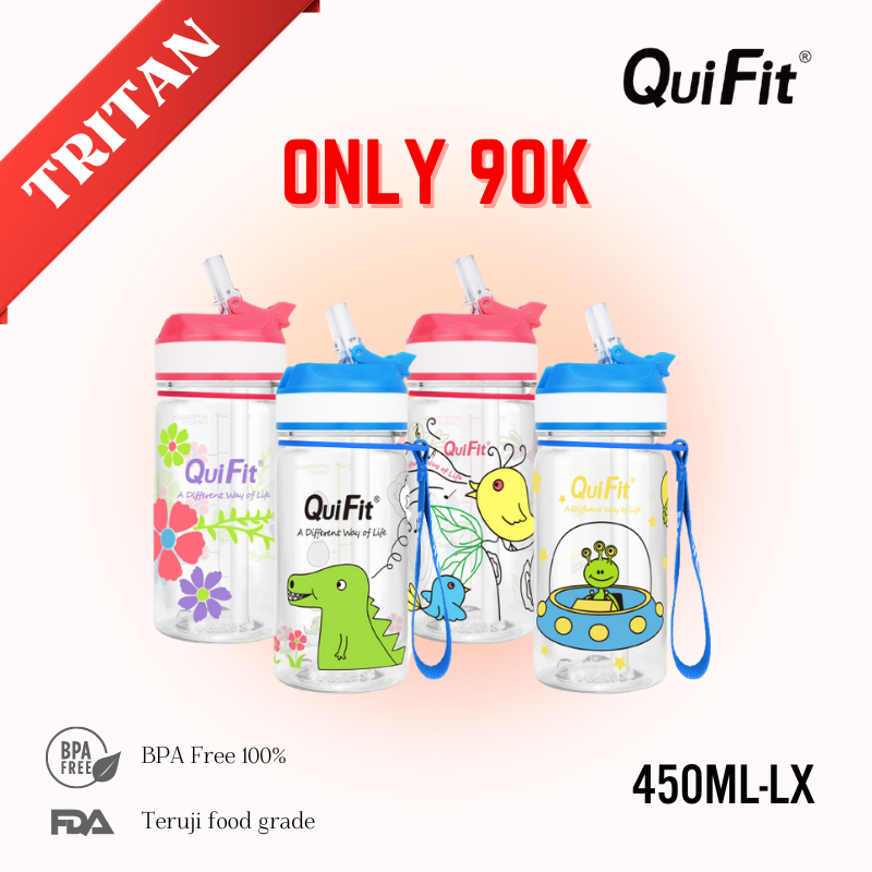QUIFIT - [450MLLX] Botol Air Minum Tritan Motivasi Anak 450ML dengan sedotan dan penutup dust cover 