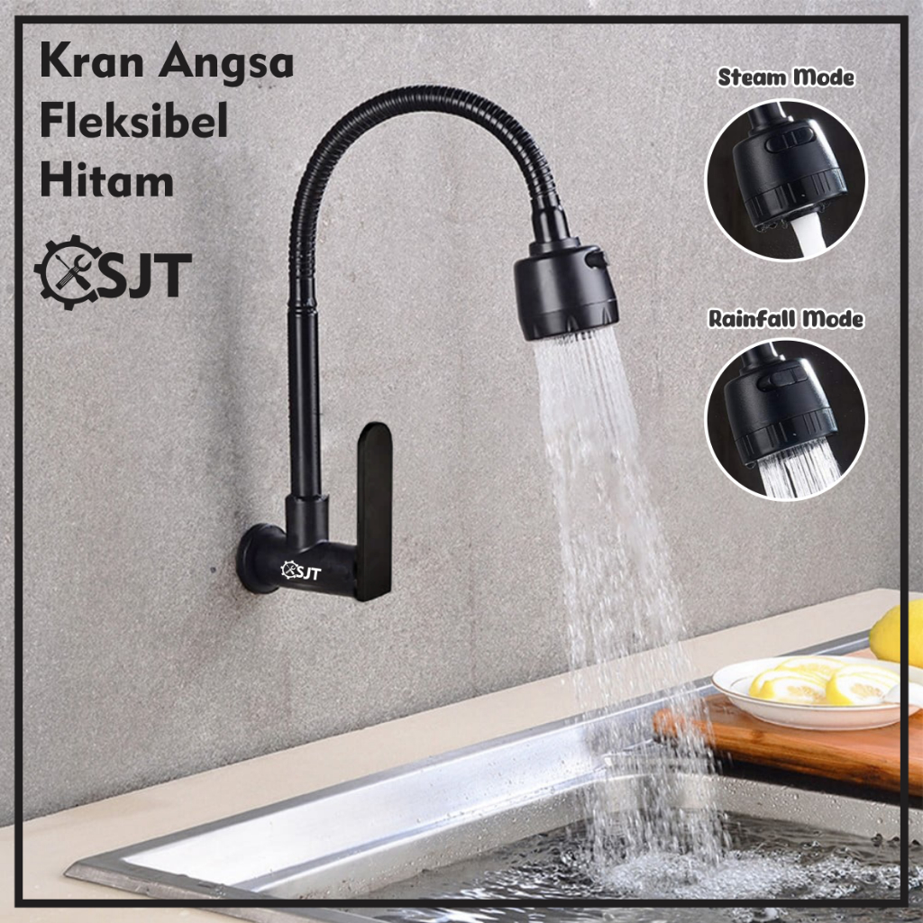 SJT - Kran Angsa Dapur Fleksibel 2 Mode warna Hitam Drat 1/2 inch / Keran Dapur Minimalis