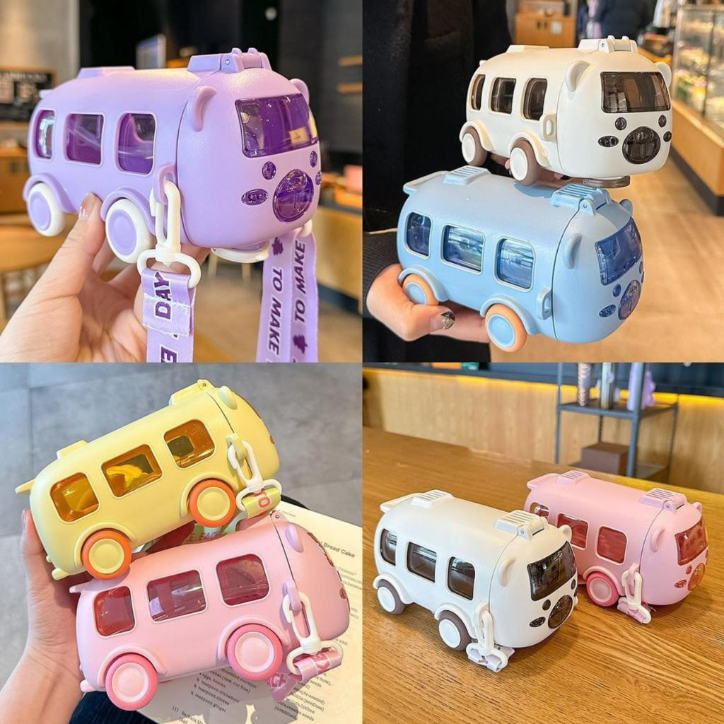 Botol Minum Anak Lucu Bentuk Bus Cute Bus 500ml dengan Sedotan dan Tali Panjang Kitchenware, Bottles