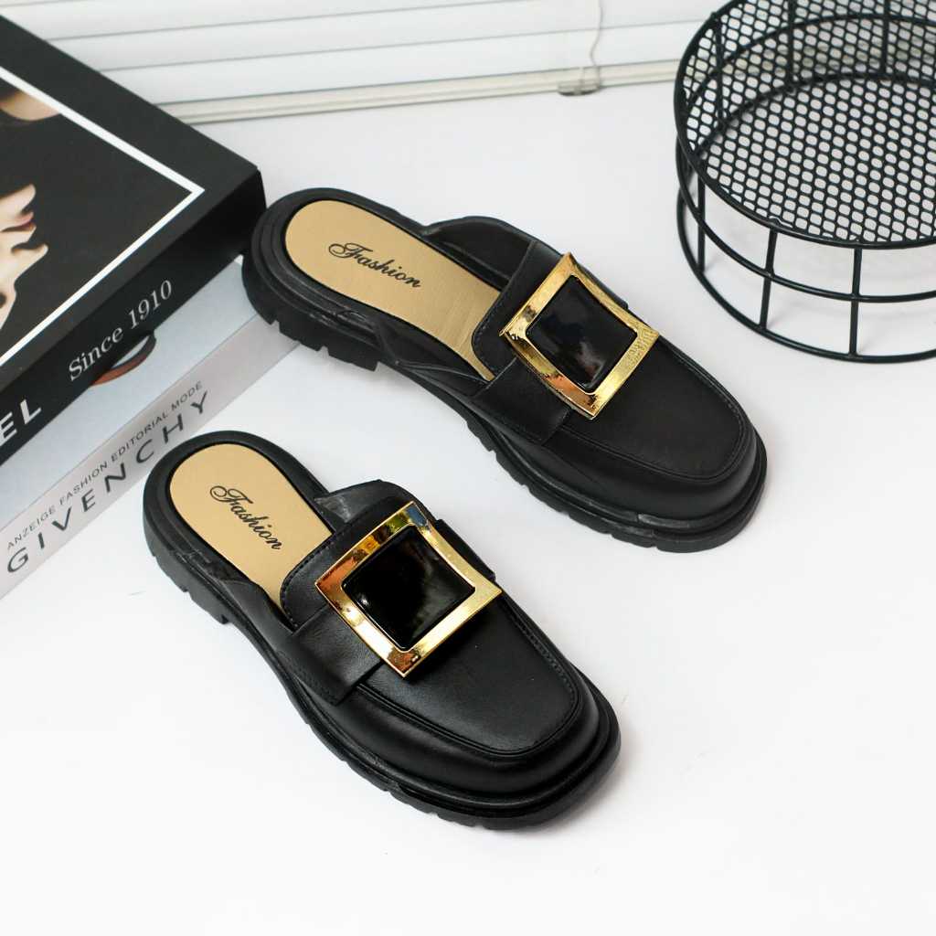 DEMOND21 - SEPATU SELOP WANITA BAHAN JELLY KARET FLEKSIBEL MOTIF PERSEGI GOLD SOL ANTI SELIP SIZE 36