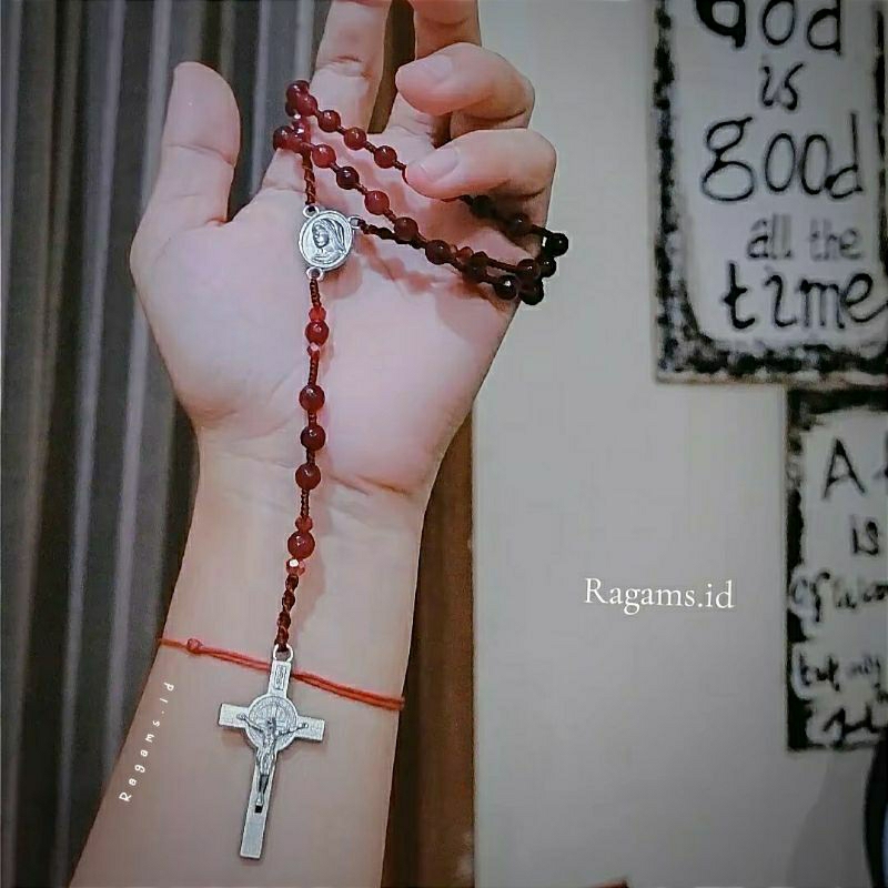 Kalung rosario Batu Agate Red Garnet 6mm Tali Maroon