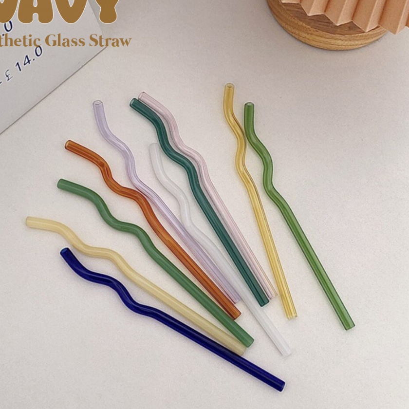 KI3 TEMARUMA WAVY Sedotan Kaca Aesthetic Borosilicate Lurus Bengkok Smoothies Boba Bening Transparan