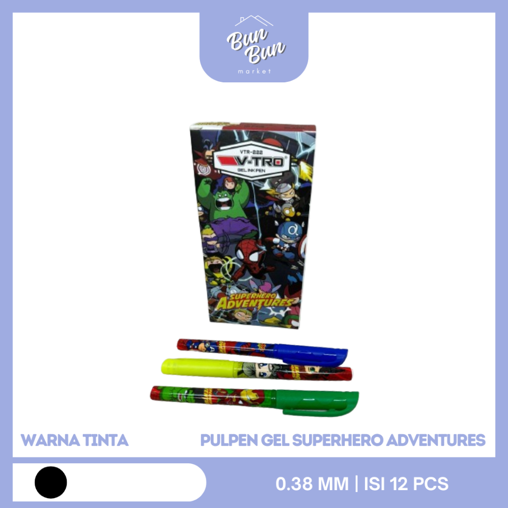 

BOX 12 PCS / Pulpen Superhero Adventures Ink Gel V-Tro 0.38 MM Gel Ballpoint Isi 12 Semarang Instan