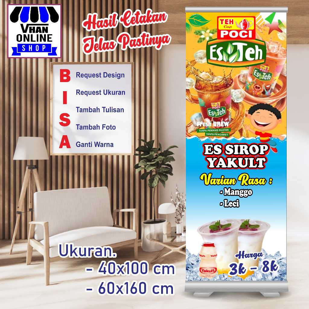 Cetak Spanduk Banner Jualan Es Teh Poci dan Es Sirup Yakult