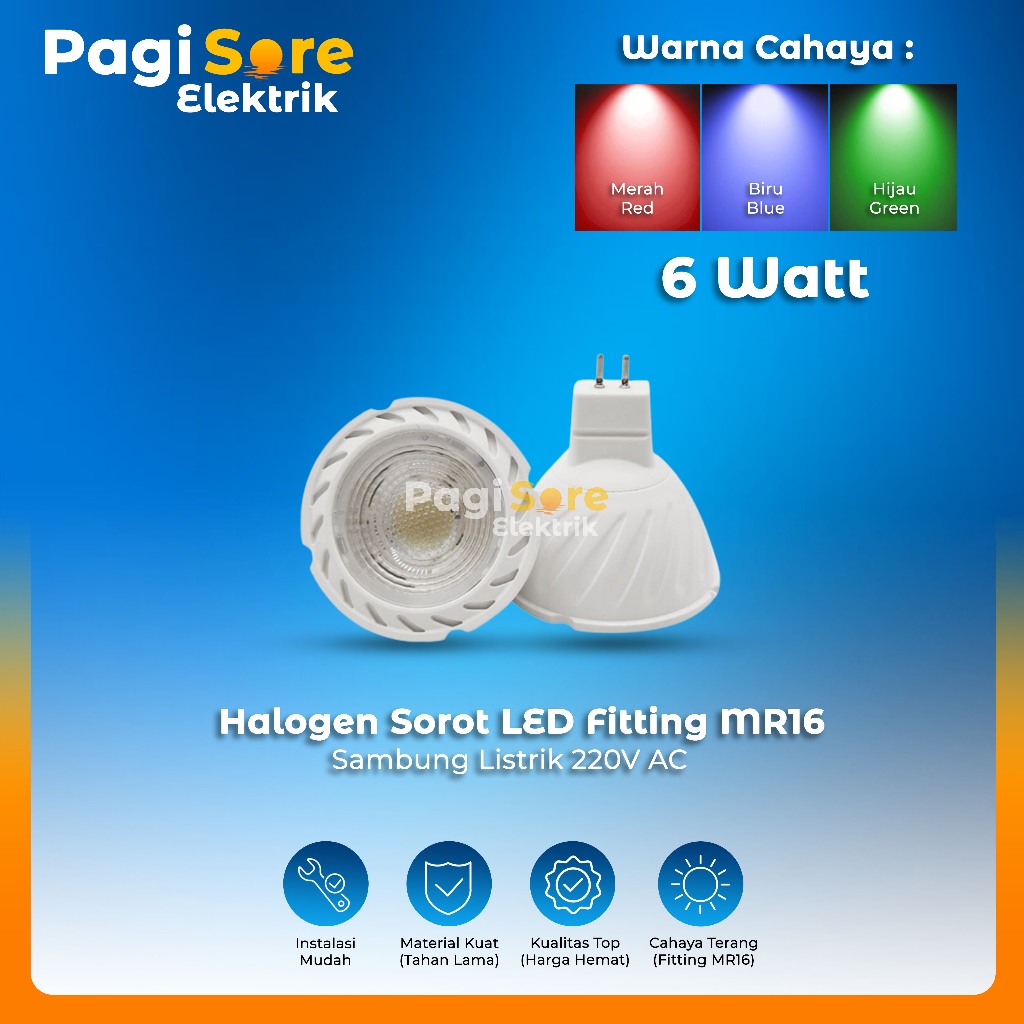 Lampu Sorot LED 6W  MR16 Merah Hijau Biru RGB Spotlight Terang Fokus 220V