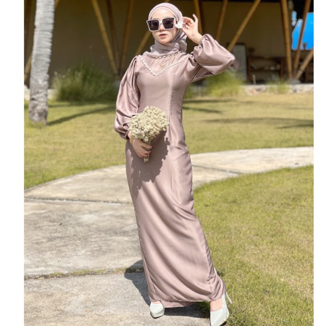 PALING MURAH - DRESS CALENDULA GAMIS MUSLIM WANITA MATERAIAL FULL SATIN SILK PREMIUM MAXMARA//DETAIL