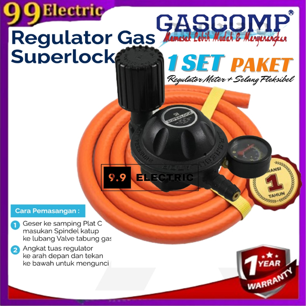 GASCOMP - Paket Regulator Superlock Putar GRS-02+Selang Gas - Regulator Gas Superlock Regulator Gas 