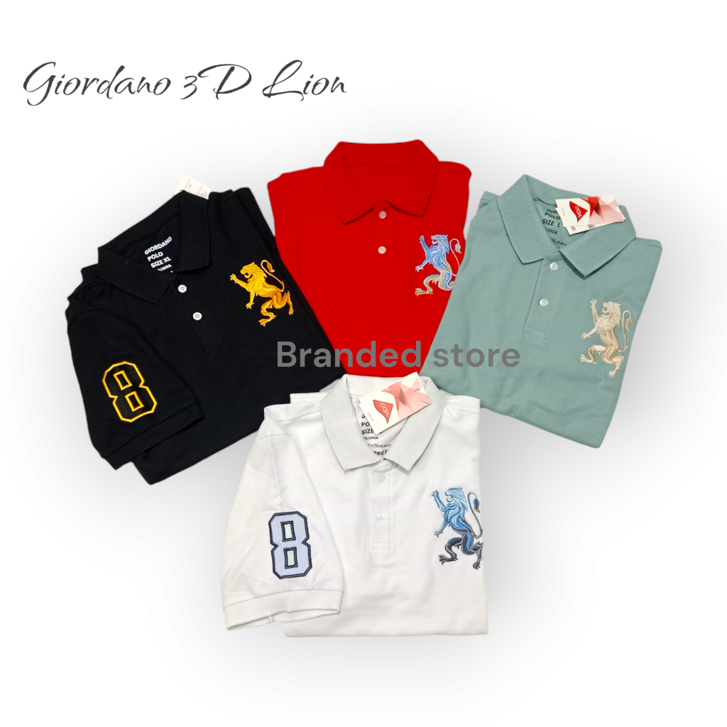 Giordano  3D Lion Polo Shirt Pria Premium Lengan Pendek T-Shirt Putih Hitam