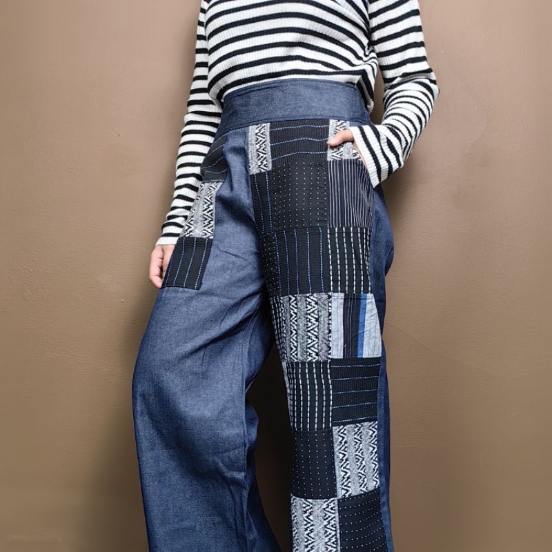 Celana Kulot Wanita Patchwork Soft Jeans Etnik Tenun Premium Sacumada