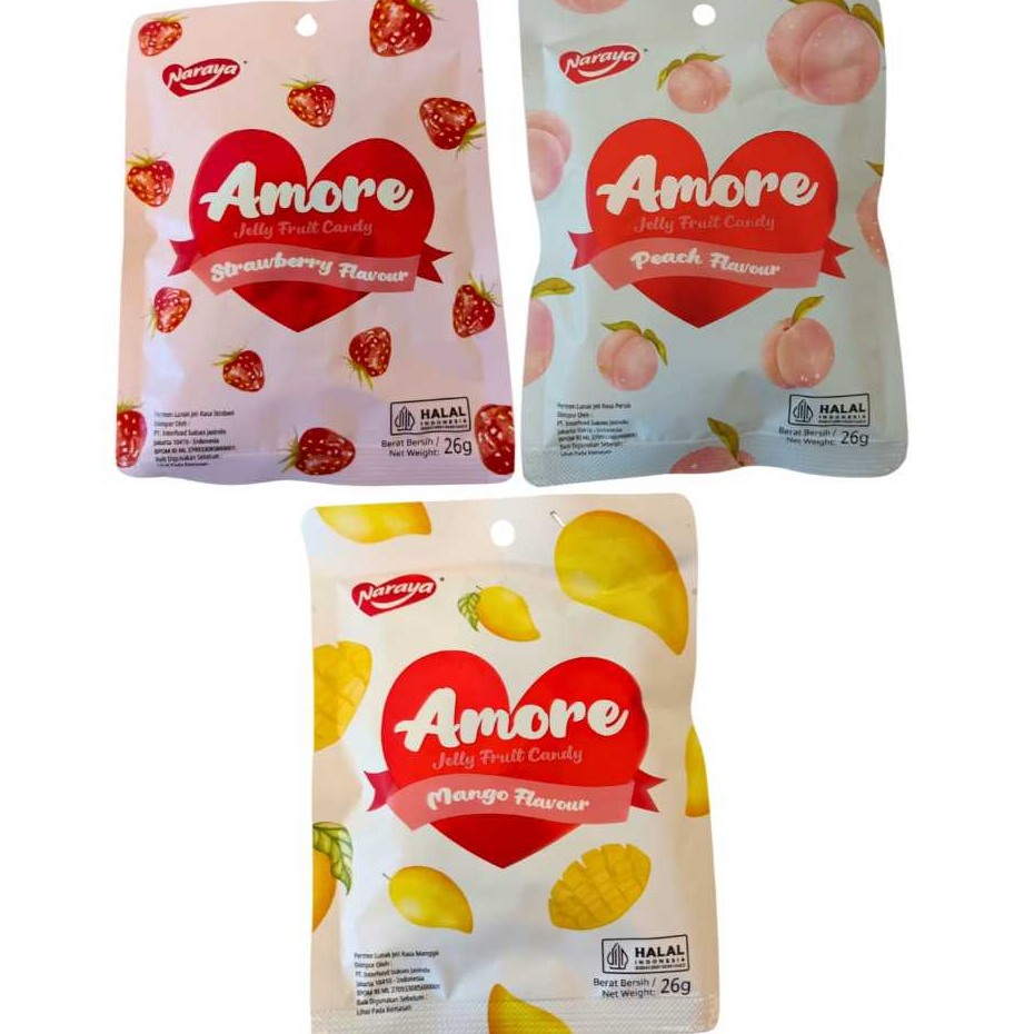 

NARAYA AMORE Jelly Fruit Candy Strawberry Mango Peach Flavour Permen Lunak Aneka Rasa Buah 26g