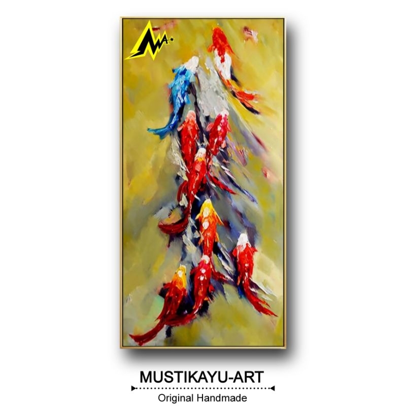 Lukisan kanvas abstrak ikan koi 60x120 cm frame dekorasi rumah