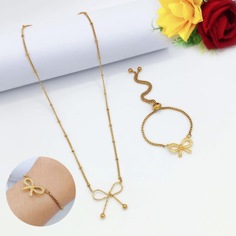 set kalung+ gelang serut permata mutiara titanium fashion wanita