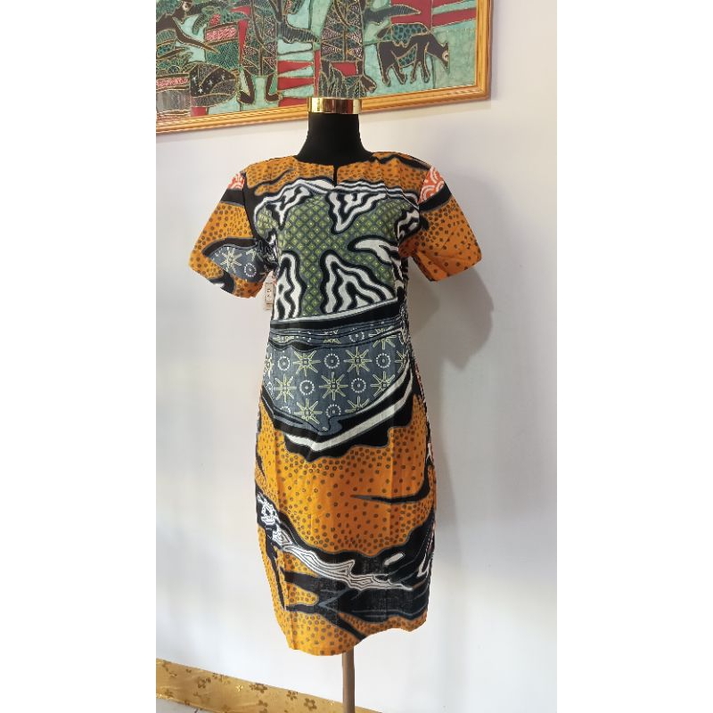 Dress batik wanita lengan pendek ukuran L warna kuning kombinasi bahan adem