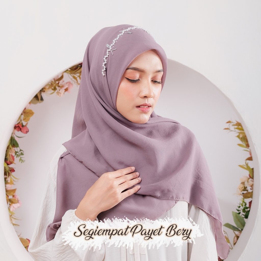 Jilbab Segi empat Bella Payet Motif Bery/Kerudung Polycotton Segiempat/Hijab Payet Wisuda Kondangan 