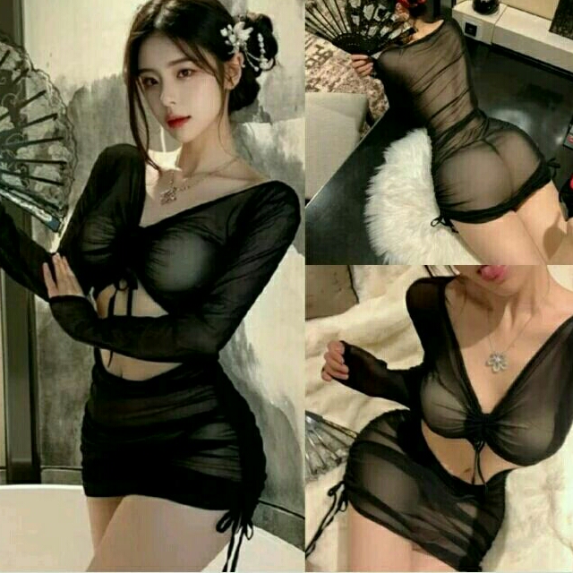 SEXY LINGERIE DRESS LONG SLEEVE TRANSPARAN A1377BK