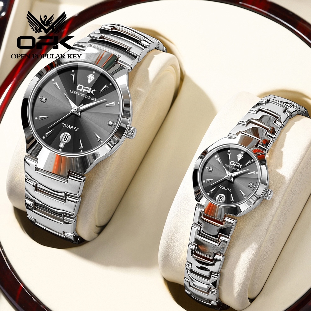 OPK Jam Tangan Couple Original Tahan Air Hitam Perak Stainless Steel Casual Look Couple Watch