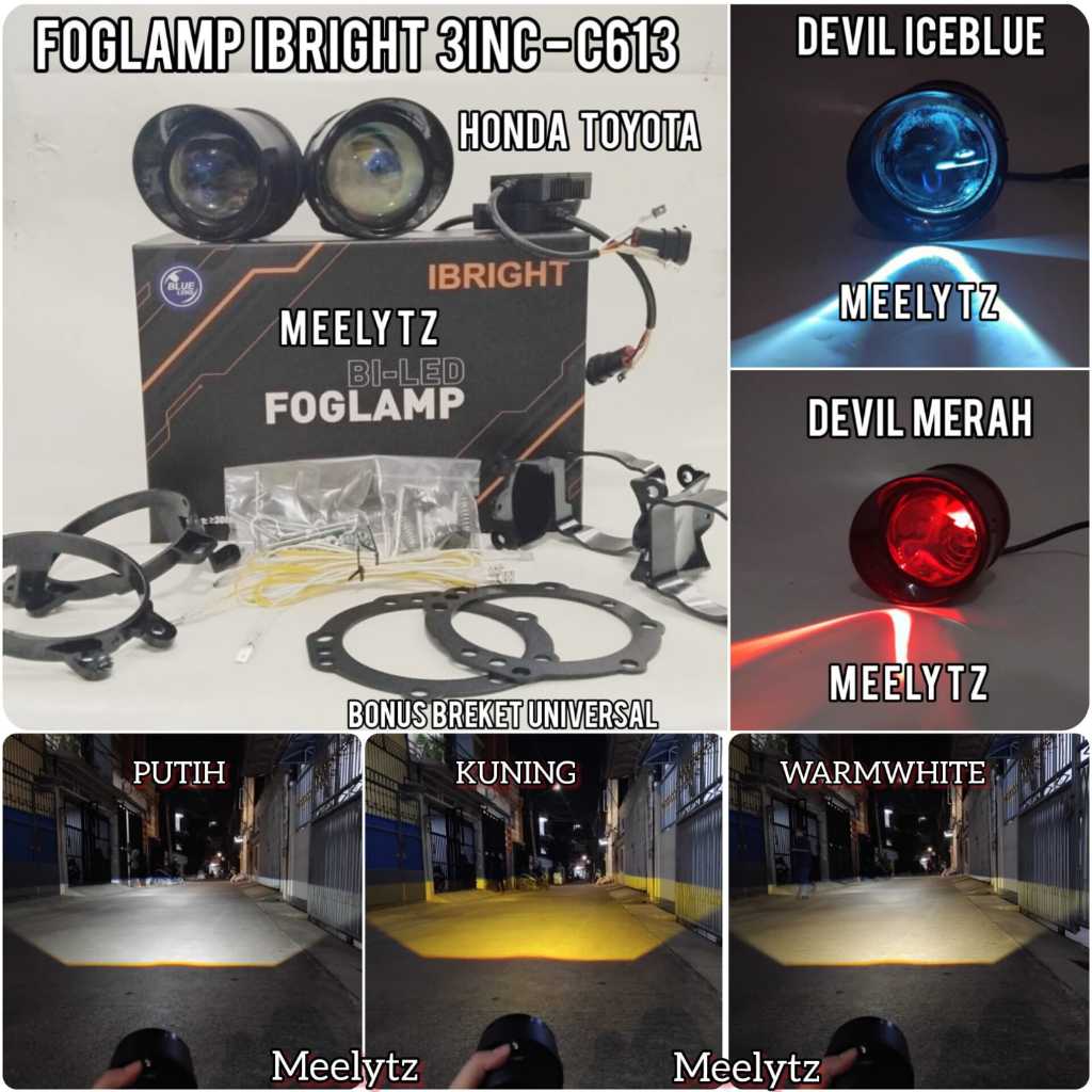 Sepasang Foglamp Ibright C613 Blue Lens 3 Inc High Low  Toyota Honda Plus Breket Universal WaterProo