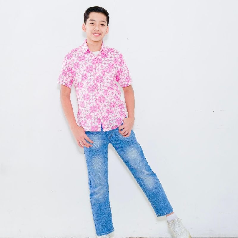 KEMEJA BATIK ANAK UNISEX RENO MOTIF KAWUNG WARNA PINK BIRU HIJAU UNGU COCOK UNTUK SERAGAM ANAK SEKOL