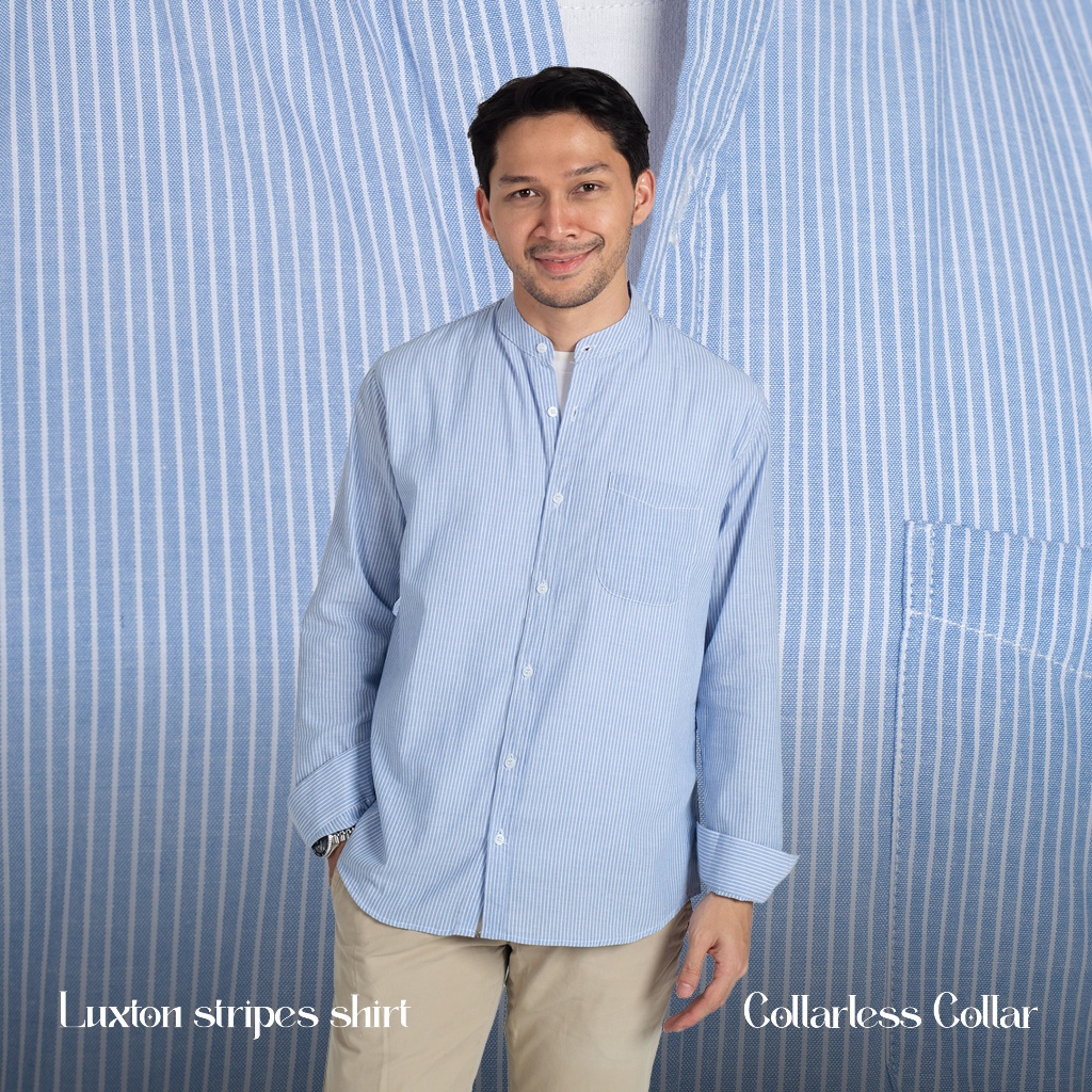 Kemeja Koko Garis Pria WOODCUTTER Collarless Luxton Stripes Kerah Shanghai - Light Blue Panjang