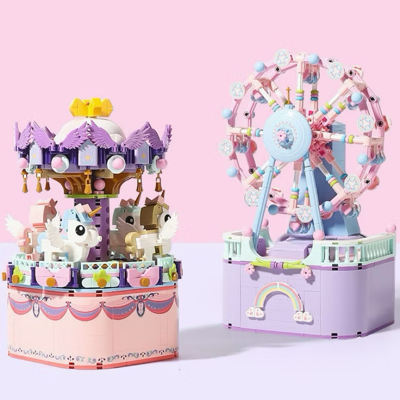 (DIY) Ferris Wheel Music Box Rotating Trojan Blok Susun Bangunan Lucu Kotak Music Kado Ulang Tahun T