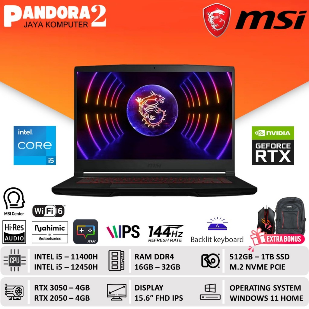 Laptop Gaming MSI GF63 Thin Core i5 RTX 3050 RAM 32GB 1TB SSD 144Hz Win11 Baru