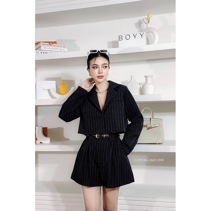 Hajoon Set (Korean Stripe Crop Blazer Shorts Set Cotton Candy Import Bangkok)