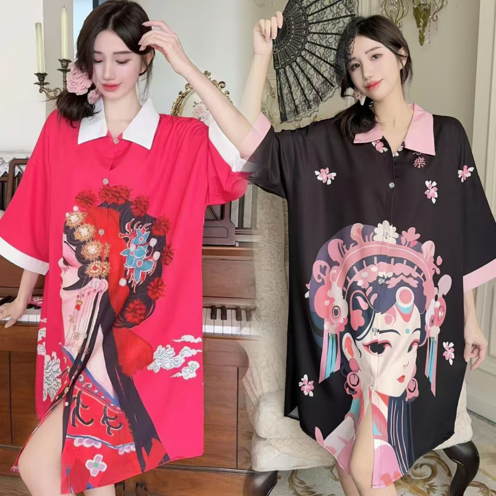 Baju rumahan wanita jumbo korea style kartun motif print dress tidur wanita kekinian