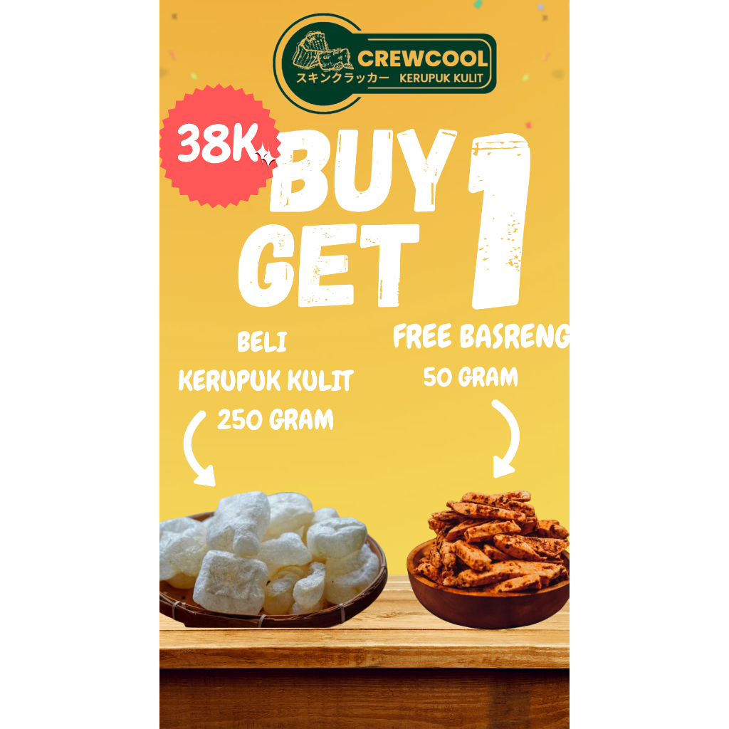 

Kerupuk Kulit CrewCool 250 Gram Asin/Original BUY 1 GET 1 FREE 50 Gram Basreng Pedas