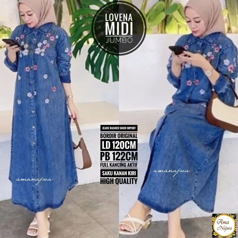 Lovena Midi Dress Jeans Tunik Gamis Jumbo Big Size LD 120 Bahan Jeans Washed