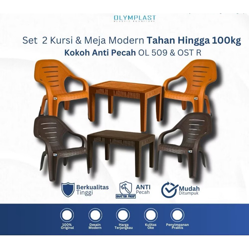 1 Set 2 Kursi Santai Plastik OL 509 Rotan + Meja OST PANJANG /KURSI PEDEK OCT -R