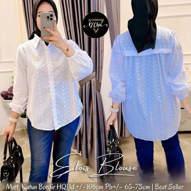Elois Blouse. Kemeja Katun Bordir Lengan Panjang Wanita.