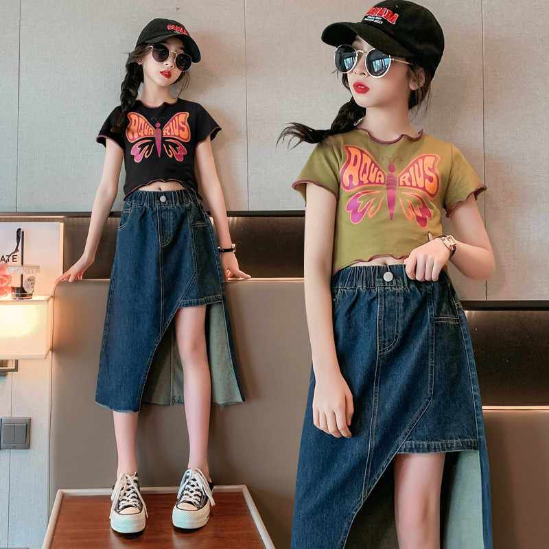 [YORI'S STORE] SETELAN ROK DENIM ANAK PEREMPUAN IMPORT MODIS GAYA EROPA 5-15 TAHUN KAOS LENGAN PENDE