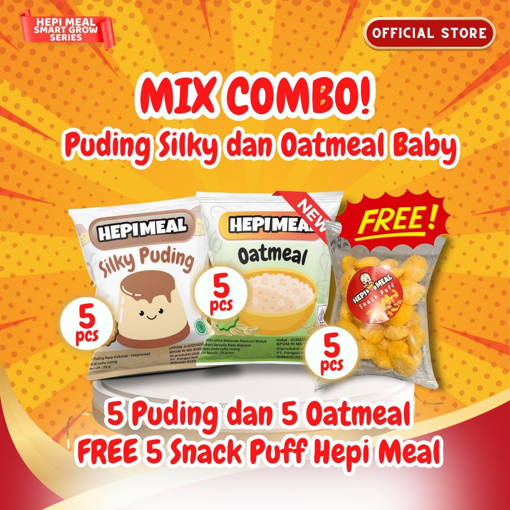 

HEPI MEAL MIX COMBO 10 Pcs (Puding dan Oatmeal MIX) GRATIS 5 pcs Snack Puff Hepi Meal