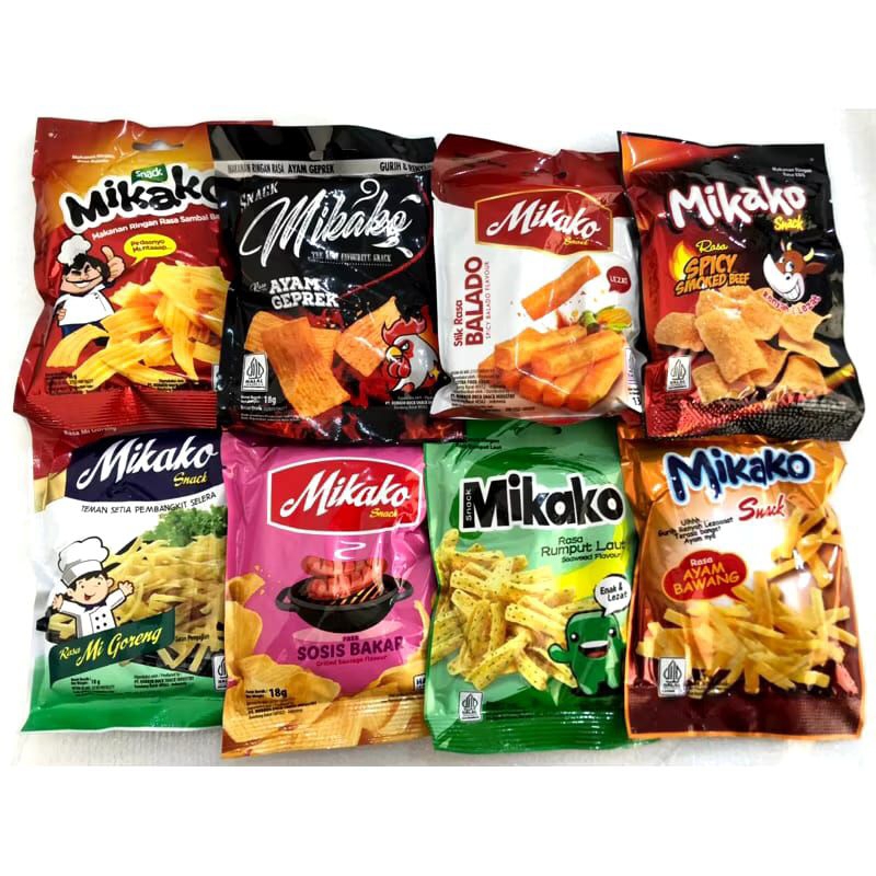 

Mikako snack 18 gram 1 dus isi 10 banded 1 banded isi 10 pcs