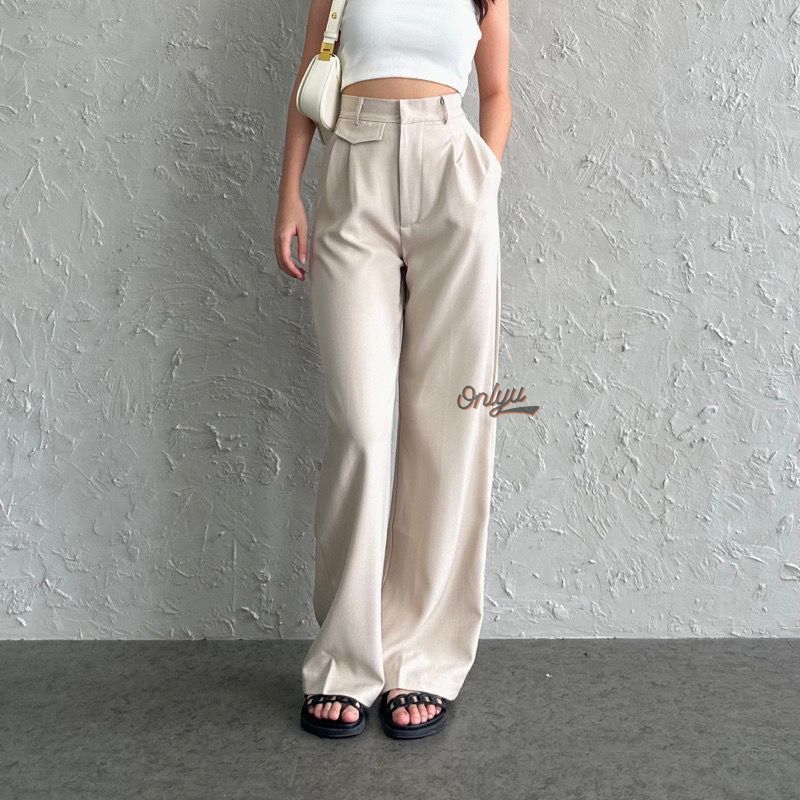Onlyu - Oro Pants Highwaist Celana Kulot Wanita Kekinian Anti Kusut
