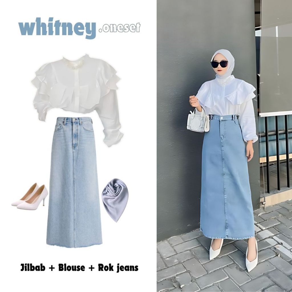 3in1 One set wanita baju atasan blouse putih lengan panjang rempel ruffle rok jeans panjang jilbab b