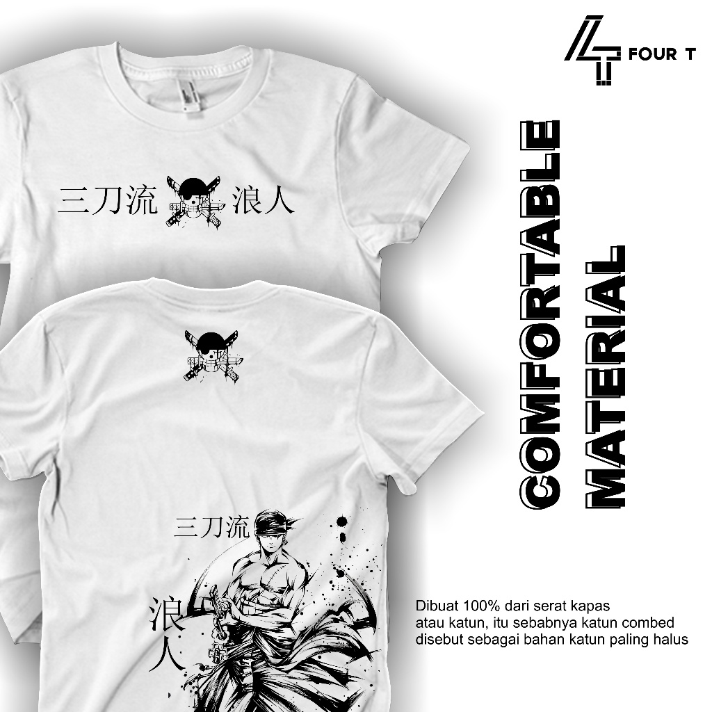 Gratis Stiker - Baju Kaos Anime One Piece Roronoa Zoro Tshirt Distro 100% Katun Combed Pria Wanita