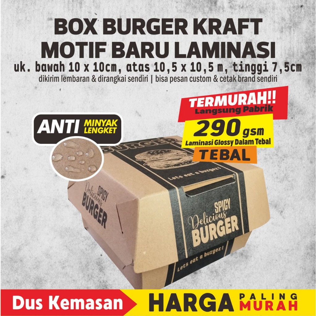 

BOX BURGER KRAFT MOTIF BARU UK 10X10X7,5CM FULL LAMINASI DALAM