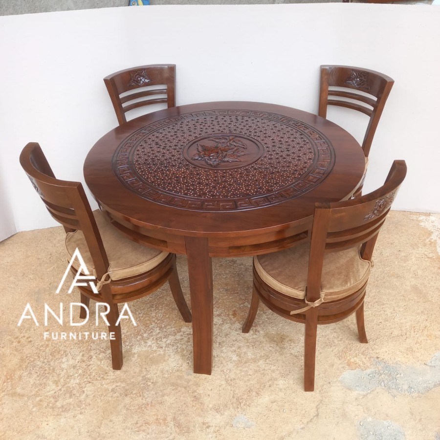 set meja makan bulat ukir 4 kursi,kursi makan jati full plus bantalan