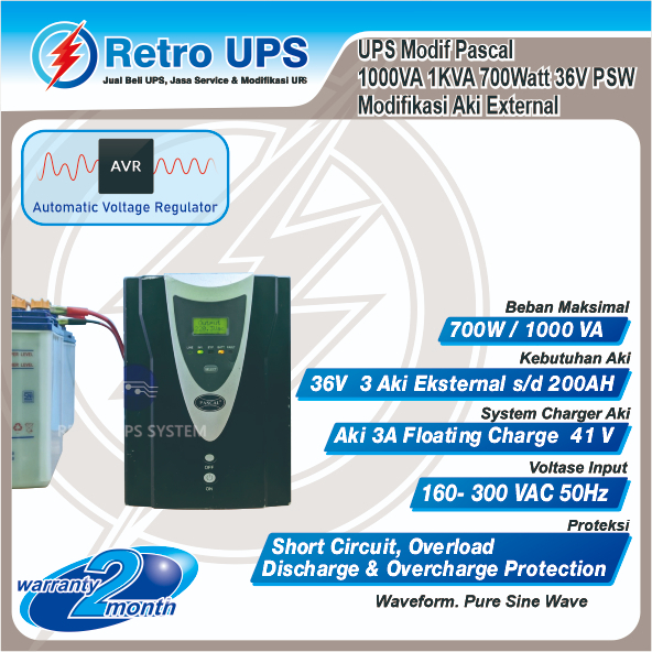 UPS Modif Modifikasi Aki External Pascal 1000VA 1KVA 700Watt 36V PSW