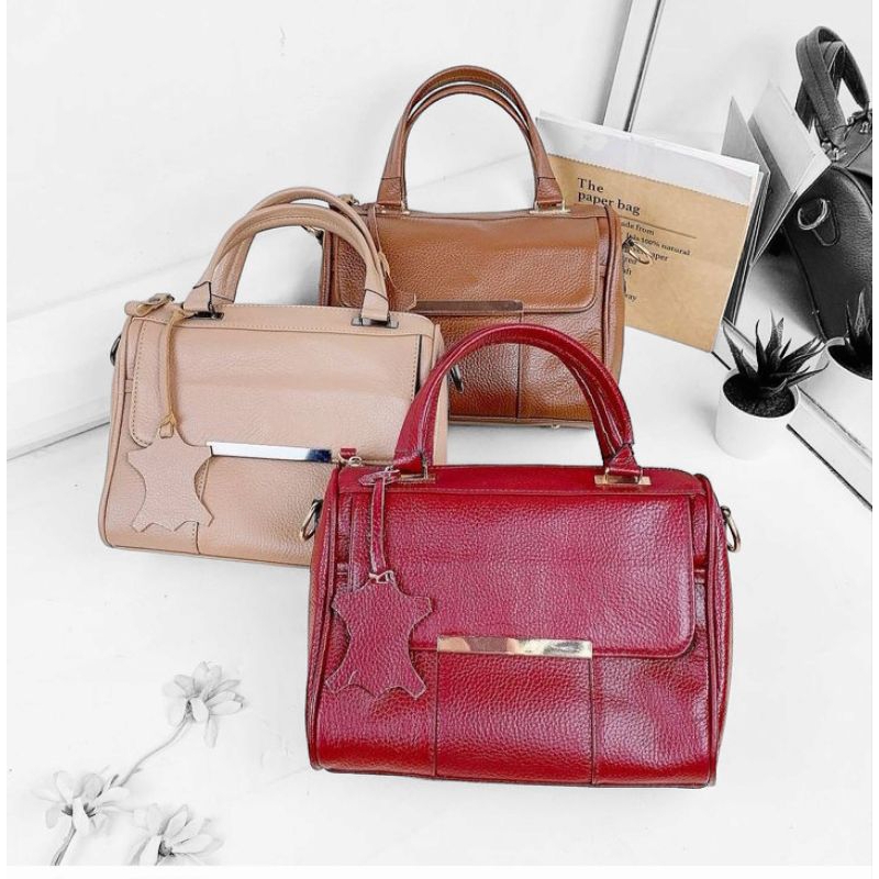 Tas wanita tote bag double tali selempang bahan kulit asli garut