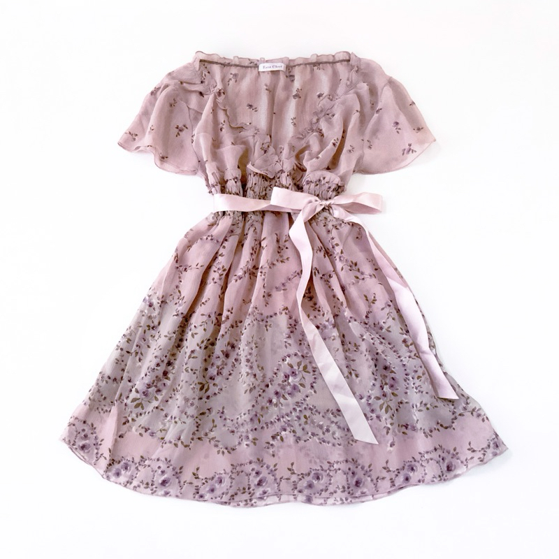 Paris Mauve Floral Print Chiffon Top with Shirred Frill Accent and Ribbon Tie Atasan Kaos Blus Tunik