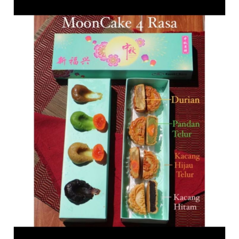 

Rezeki Baru Mini kue bulan 4 rasa durian, pandan telur, kcg hijau telur ,kacang hitam (1 kotak isi 4pcs)