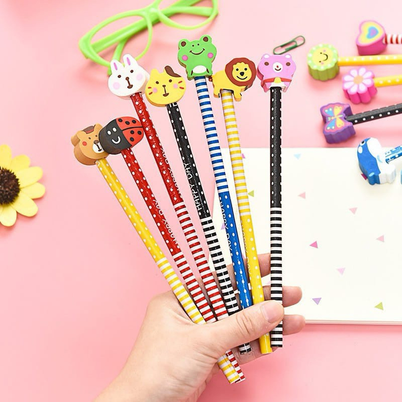 

Yeppo Pensil Karakter Kartun Lucu Motif Garis Polkadot Pensil Karakter + Penghapus Pensil