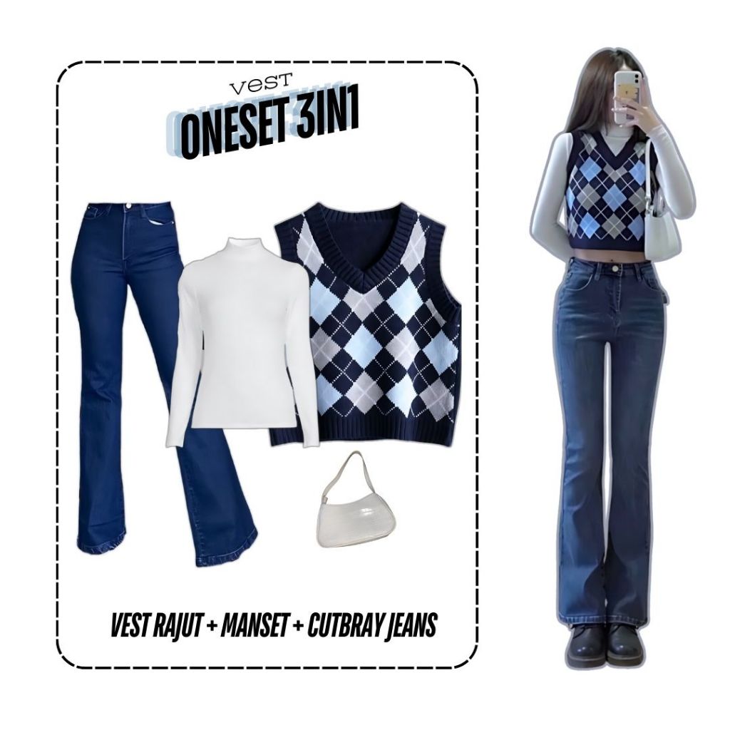 3in1 one set vest rompi rajut manset inner putih celana jeans cutbray biru tua | outfit setelan ootd