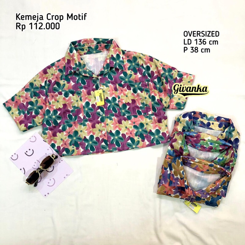 KEMEJA OVERSIZED MOTIF CROP, KEMEJA WANITA LENGAN PENDEK MOTIF BUNGA/ KEMEJA CROP MOTIF OVERSIZED