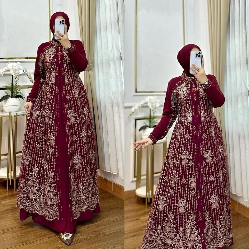 NADYA DRESS GAMIS WANITA DEWASA BAHAN CERUTI MIX BROKAT APLIKASI MUTIARA MODEL BAJU KONDANGAN MEWAH 