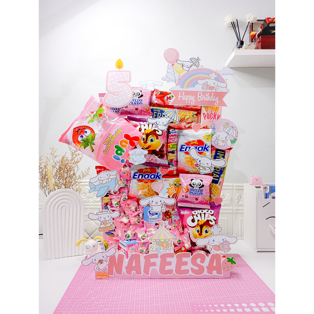 

snack tower birthday | snack box pink | hadiah ultah snack