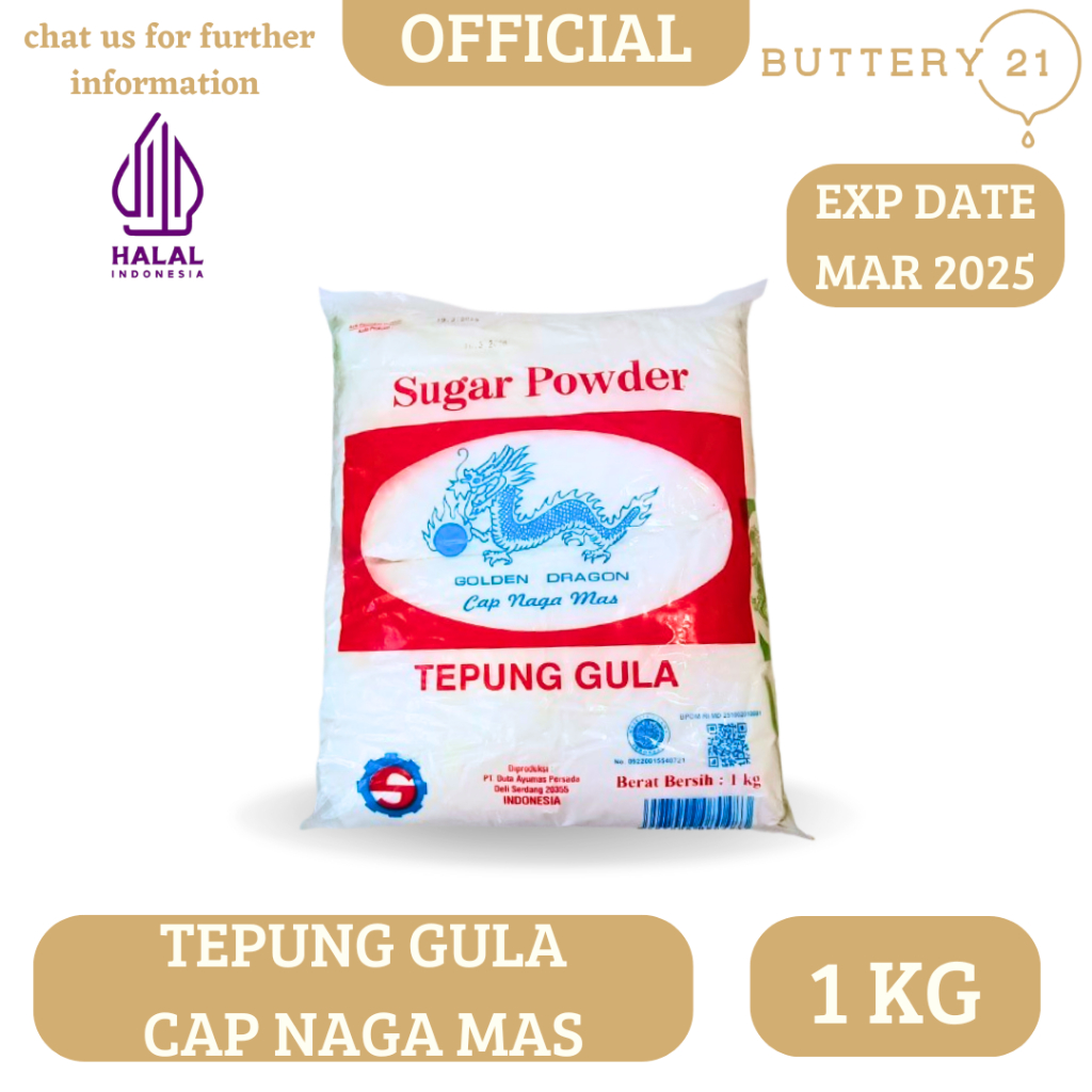 

TEPUNG GULA HALUS CAP NAGA MAS 1 KG/SUGAR POWDER GOLDEN DRAGON/GULA BUBUK